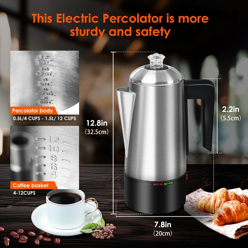 HOMOKUS Electric Coffee Percolator 12 CUPS Percolator Coffee Pot,800W Percolator