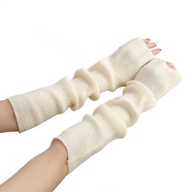 Soft Women Arm Warmer, Winter Long Fingerless Gloves with Thumb Hole, Knit Wrist Warmer Cold Weather Mitten for Ladies Girls (White)