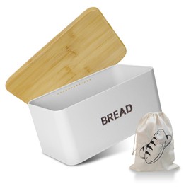 OTNBGSR Metal Bread Bin with Wooden Lid, Can be Used as a Chopping Board, Long Storage and Keeping Fresh, Equipped with Cotton Bread Bags, 33 x 19 x 15 cm (White)