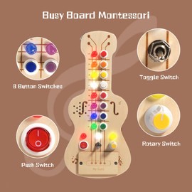 BASAMOU Montessori Toy Busy Board Baby from 1 Year with 11 LED 11 Light Switch, Activity Board Wooden Toy from 1 2 3 4 Years, Motor Skills Toy Sensory Learning Toy Children Boys Girls Gift