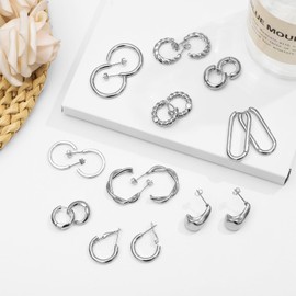 NEWITIN 12 Pairs Silver Hoop Earrings for Women Chunky Earrings Tear Drop Earrings 14K Gold Plated Open Hoop Earring Thick Waterdrop Earrings Set for Women