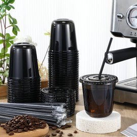 Ziliny 50 Set Clear Plastic Cups with Lids and Straws, PET Disposable Iced Coffee Cups for Drinking Cold Beverage Juice Parfait Smoothie Milkshake Coffee Shops Party Supplies(12 oz,Black)