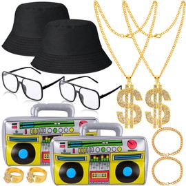 YAROMO Hip Hop Costume Kit, 12 PCS 80s/ 90s Rapper Accessories, Sunglasses Bucket Hat Boom Box Rapper Chain Bracelet and Ring with Dollar Sign Pendant