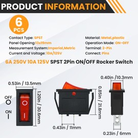 DALQUIS 2 Pin 2 Position Boat Shaped Rocker Switch, KCD3-101 ON/Off Snap in Toggle Switch, AC 250V/15A 125V/20A Red Rocker Switch Toggle for Car Auto Boat Household Appliances (Red 6 Pack)
