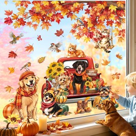 decalmile Window Clings Fall Dog Cat Maple Leaves Reusable Windows Decals