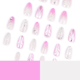 QQPPOLIU 3D Almond Nails Press Ons Gradient French Tip Medium Length Fake Nails with Design Glazed Pink False Nails Gift for Holiday 24pcs for Women and Girls