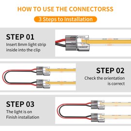 20 Pack COB LED Connectors, 2 Pins 8mm Solderless Crystal Connector 15cm Double Headed Snap Connector Low Voltage Single Color Light Strip Connectors for DIY COB/SMD Light Strips