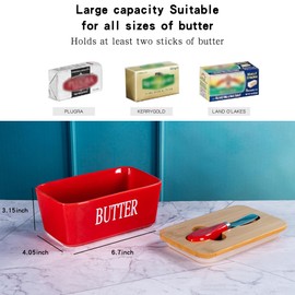 Ceramic Butter Dish with Lid and Knife for Countertop, Covered Butter Stick Holder Tray, Butter Storage Container for Fridge(Red)