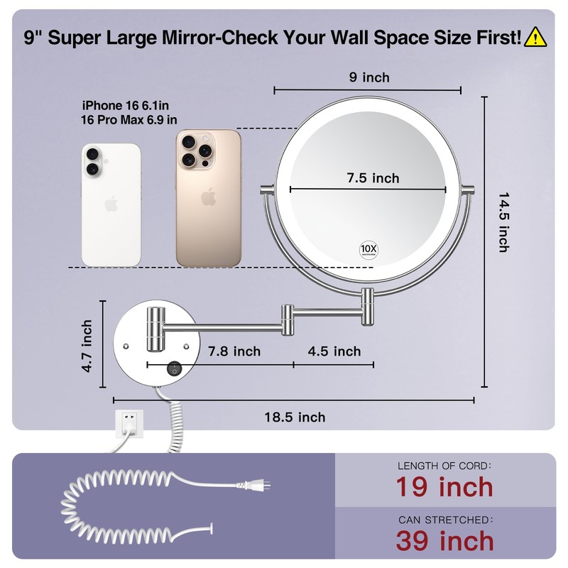 Benbilry 9" Large Size Wall Mounted Lighted Makeup Vanity Mirror,