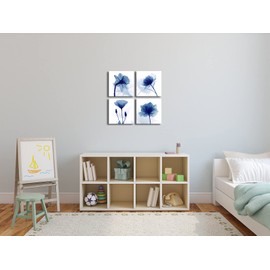 Wieco Art Blue Flickering Flower Modern Abstract Paintings Canvas Wall Art Gallery Wrapped Grace Floral Pictures on Canvas Prints 4 Panels Artwork for Bedroom Office Home Decorations