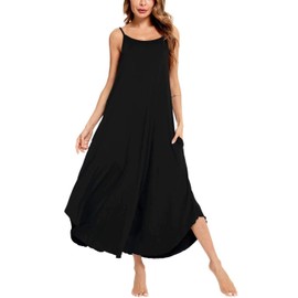 SWOMOG Women Long Nightgown Pajama Dress Soft Strap Nightdress Summer Sleeveless Nightshirt Lounge Dress with Pockets Black XX-Large
