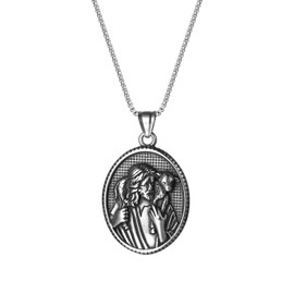 JewelryWe Jewellery Retro Men's Necklace Stainless Steel Saint Benedict Cross Christian Catholic Round Medal Pendant with 22 Inch Chain Silver/Gold, Stainless Steel