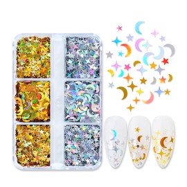 Nail Art Laser Gold Glitter Sequins Star Moon Manicure Sticker Silver Nail Decoration 6Grids