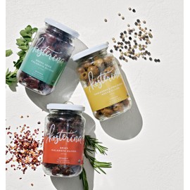 Kosterina Snacking Olives Trio | Greek Herb, Coriander & Pink Pepper & Spicy Flavor | Pitted and Dry-packed | Kalamata & Green Olives | 6.7oz (190g), 3 Pack