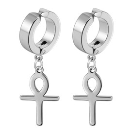 Flongo Hoop Earrings with Ankh Egyptian Cross Pendant Silver Earrings Without Hole Stainless Steel Dangle Non-Piercing Ear Clip Ear Clips Earrings for Women Men Girls, Stainless Steel