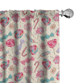 Lunarable Colorful Window Curtains, Yummy Lollipop and Candy Cane Pattern with Faded Little Hearts on Yellow, Lightweight Decor 2-Panel Set with Rod Pocket, Pair of - 28" x 63", Pink Cream
