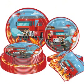 BACH AND BOUJEE 40 Stück Feuerwehr Partygeschirr Feuerwehrmann Partyteller Feuerwehr Geburtstag Feuerwehr Party Deko Kindergeburtstag Servietten