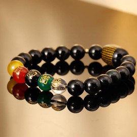 Jewboo Feng Shui Black Obsidian Five-Element 10mm Bead Amulet Bracelet for Attracting Wealth and Good Luck Gift Unisex