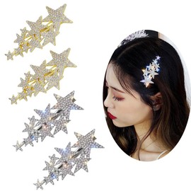 4 Pcs Five-pointed Star Shining Rhinestone Hair Clip, Elegant Duckbill Clip Fashion Hair Barrettes Accessories for Girls and Women (Gold+Silver)
