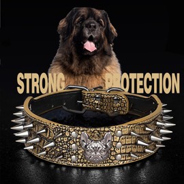 PU Leather Spiked Studded Dog Collar, Genuine Heavy Duty Wide Dog Collar, Adjustable Pet Collars for Large Breed Pet (Gold Brown)