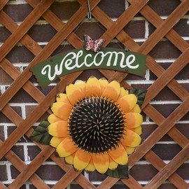 Metal Sunflower Welcome Sign Rustic Wall Hanging Plaque Sign Flower Decor Garden Hanging Welcome Sign Home Porch Door Decoration (Sunflower with butterfly)