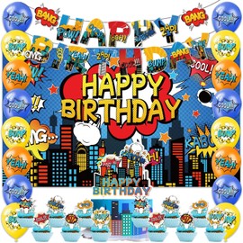 42pcs Superhero Birthday Party Decoration Disposable Banner，Cake Topper，Blackdrop,Balloons for Baby Shower Supplies Hero Party Decoration