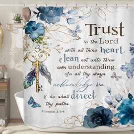 MESHELLY Teal Floral Christian Shower Curtain 72Wx72H Rustic Blue Flower Bathroom Curtain Bible Verse Inspirational Quote Bath Curtain Cloth Fabric Scriptures Bathroom Accessories Decor with 12 Hooks