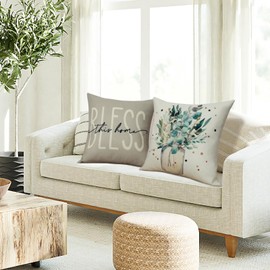 Betylifoy Set of 4 Throw Pillow Covers 18 x 18 Inches Eucalyptus Leaves Decoration Vase Cushion Covers Home Sweet Home Cotton Linen Spring Summer Pillow Covers for Sofa Couch Office (Green&Grey)