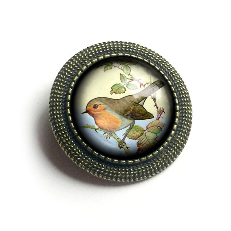 Spring Robin Glass And Brass Brooch Reversed Decoupage Cabochon Brooch