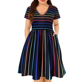 RITERA Plus Size Dresses for Curvy Women Colorful Striped Summer Spring Rainbow Beach Womens Dress Elastic Waist V Neck Short Sleeve Casual Sun Dress with Pockets 3XL 22W 24W