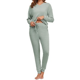 Famulily Tracksuit Womens Full Set V Neck Jumpers and Drawstring Lounge Pants, Leisure Wear Sets Two Piece Travel Outfits Loungewear Nightwear with 4 Pockets (L, Green)