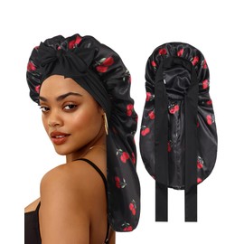 AWAYTR Long Hair Bonnet for Women - Reversible Double Layer Satin Silk Bonnet for Sleeping with Tie Band (Black Cherry+Black)