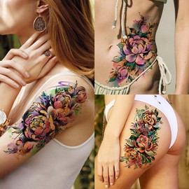 EGMBGM 63 Sheets 3D Watercolor Rose Temporary Tattoos For Women Arm Girls Adults, Water Color Peony Flower Tattoo Sticker, Bulk Temp Fake Long Lasting Tattoo Colorful Floral Moon Snake Lion Wolf Tiger