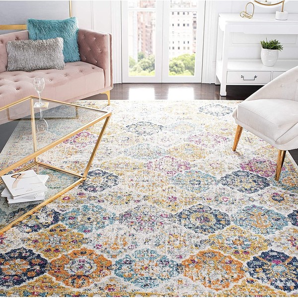 SAFAVIEH Madison Collection Area Rug - 9' x 12', Cream & Multi, Boho Chic Distressed Design, Non-Shedding & Easy Care, Ideal for High Traffic Areas in Living Room, Bedroom (MAD611B)