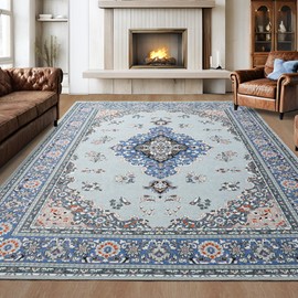 Tepook Large 6x9 Area Rugs for Living Room, Indoor Machine Washable Rugs Floor Carpet for Bedroom, Low Pile Non Slip Vintage Rugs for Dining Room Kitchen Office Table Home Decor, Blue/Grey