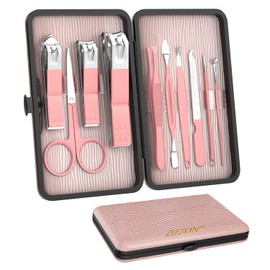 ZIZZON Travel Mini Manicure Set Nail Clipper Set 10 in 1 Stainless Steel Pedicure Care Grooming kit with Case Pink