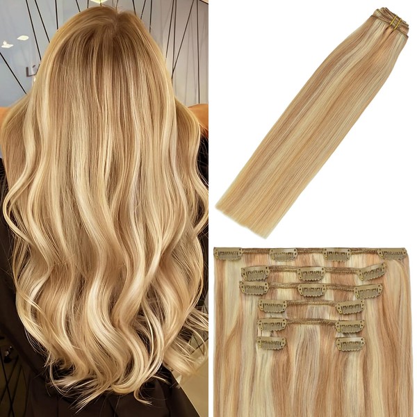 WindTouch Clip In Hair Extensions Human Hair Balayage Reddish Brown to Blonde 18Inch 70g #12P613 7PCS Hair Extensions Remy Hair