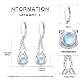 Moonstone Earrings for Women 925 Sterling Silver Celtic Earrings Round Shape Natural Gemstone Dangle Earrings Moonstone Jewelry Gifts for Mom Wife Sister, Sterling Silver, Moonstone