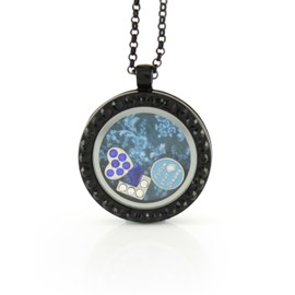 BG247 Floating Adjustable Locket Necklace with Choice of 6 Charms and Matching Chain (Gunmetal Circle with Black Stones)