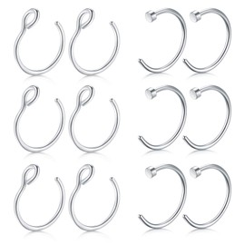 Mayhoop 12-16 Pieces 20G 8 mm Nose Piercings Fake Nose Ring Stainless Steel Fake Piercings Nose Face Piercing Nose Lip Ear Ring Hoop for Men Women, Metal
