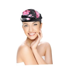 Healvian Extra Large Satin Flower Printed Elastic Wide Brim Sleep Cap for Women Comfortable Salon Shower Hat Lightweight Breathable Design Black