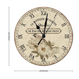 Vintage Style Round Wood Wall Clock French Vintage Flower Roman Numerals Wooden Clock Battery Operated Silent Non-Ticking Large Clocks for Cottage Living Room Bedroom Walls 10x10in Decor