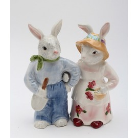 Fine Ceramic Gardening Rosy Bunny Rabbits Salt & Pepper Shakers Set, 4 1/2" H