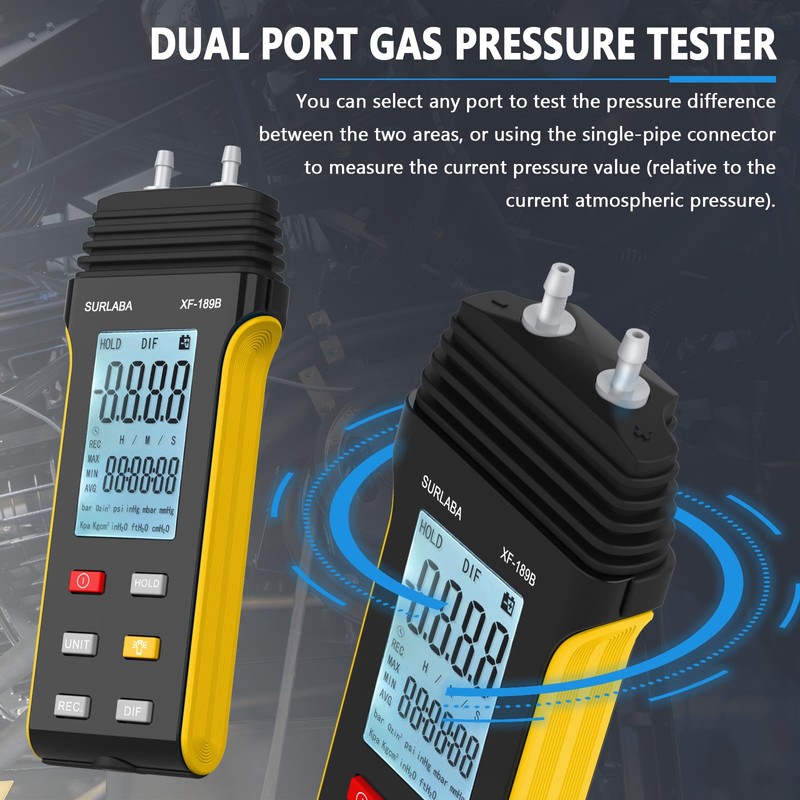 SURLABA Digital Manometer, Differential Dual Port Pressure Gauge, Professional Gas
