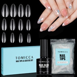 TOMICCA Almond Medium Nail Tips with Nail Glue Set, Nail Tips, Full Coverage, Soft & 8 ml Nail Glue Gel, UV Set, Artificial Nail Tips for Nail Studio, Salon, DIY, 120 Pieces, 12 Sizes