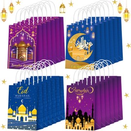 Yeaqee Yeaqee 24 Pcs Eid Mubarak Gift Bags Ramadan Party Favor Bags Eid Goodie Bags with Handles Eid Paper Bags for Kids Muslim Eid Al Fitr Bags for Moon Lantern Holiday Party Supplies