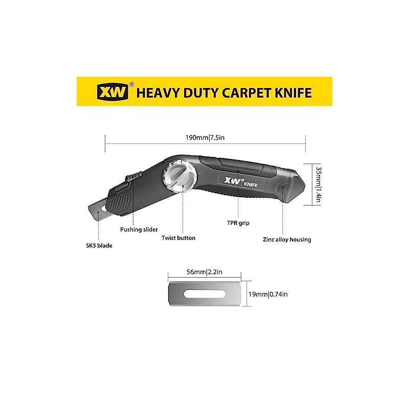 XW Retractable Carpet Knife with Twist-lock Design, Heavy Duty Zinc