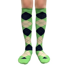 Argyle Fashion Women/Ladies Colorful Knee High Socks, Neon Green/Lemonade/Navy, Medium, 1 Pair