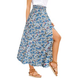 Sinono Falda larga drapeada con estampado floral bohemio de cintura alta para mujer, Azul Floral, L