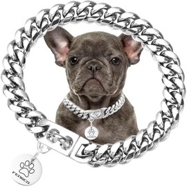 Silver Dog Chain Collar with Dog Tag Pendent Cuban Collar Necklace Metal Chain Collar Stainless Steel Pet Cuban Links Collars for Dogs(18inch)